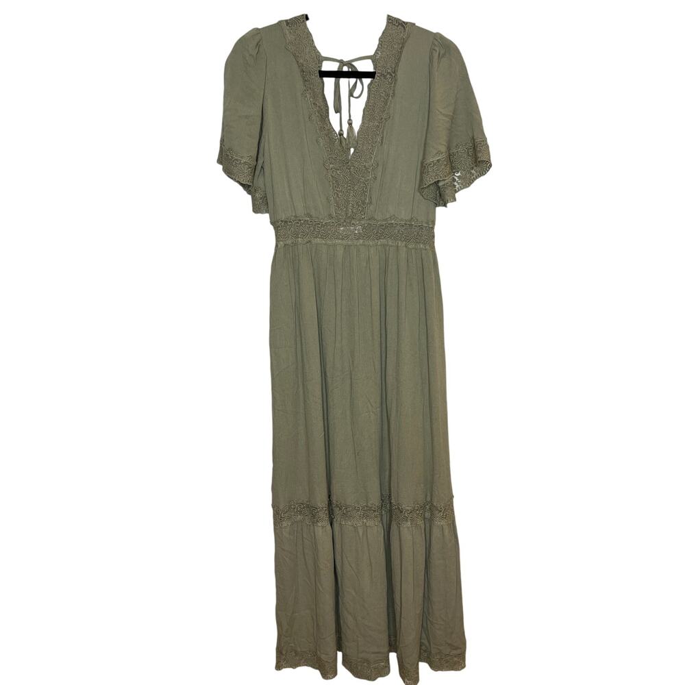 Ivy May Sage Green V Neck Maxi Dress with Lace Detailing Size Medium